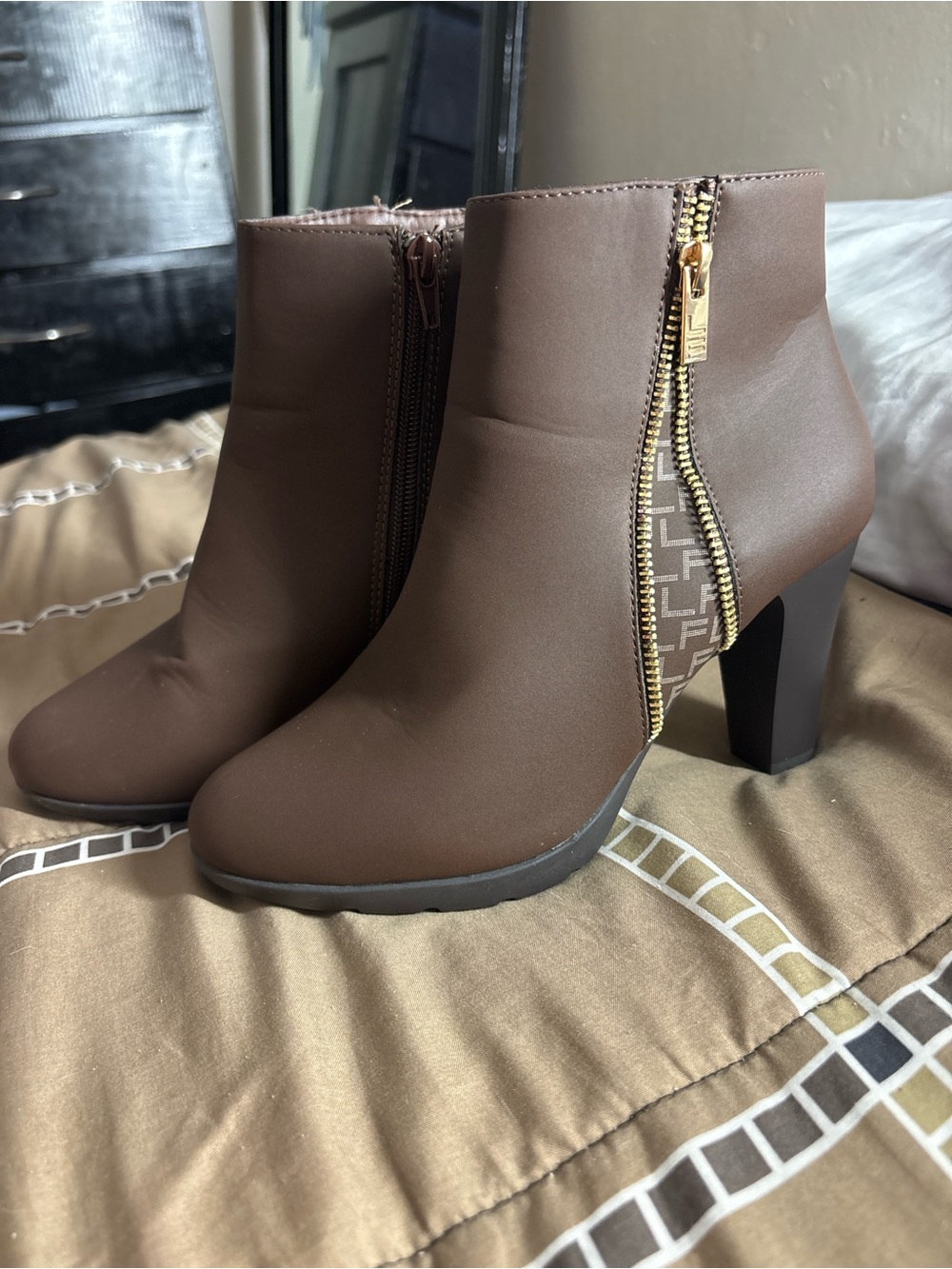 London Fog Brown Ankle Booties with Gold Trim